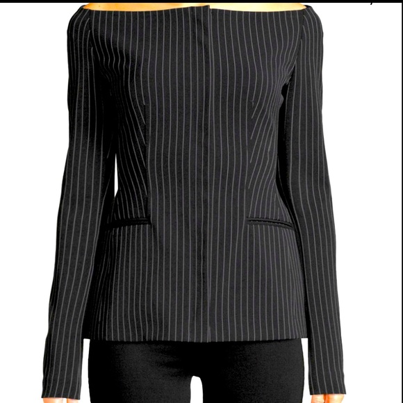 THEORY OFF THE SHOULDER PERFORM TECH PINSTRIPE BLAZER IN BLACK SIZE 2 - Picture 4 of 15